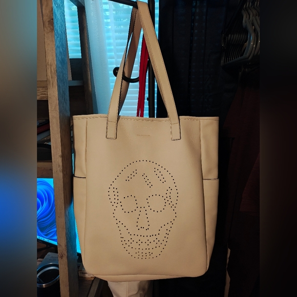 Beige Tote Bag with Skull Design - Picture 1 of 15